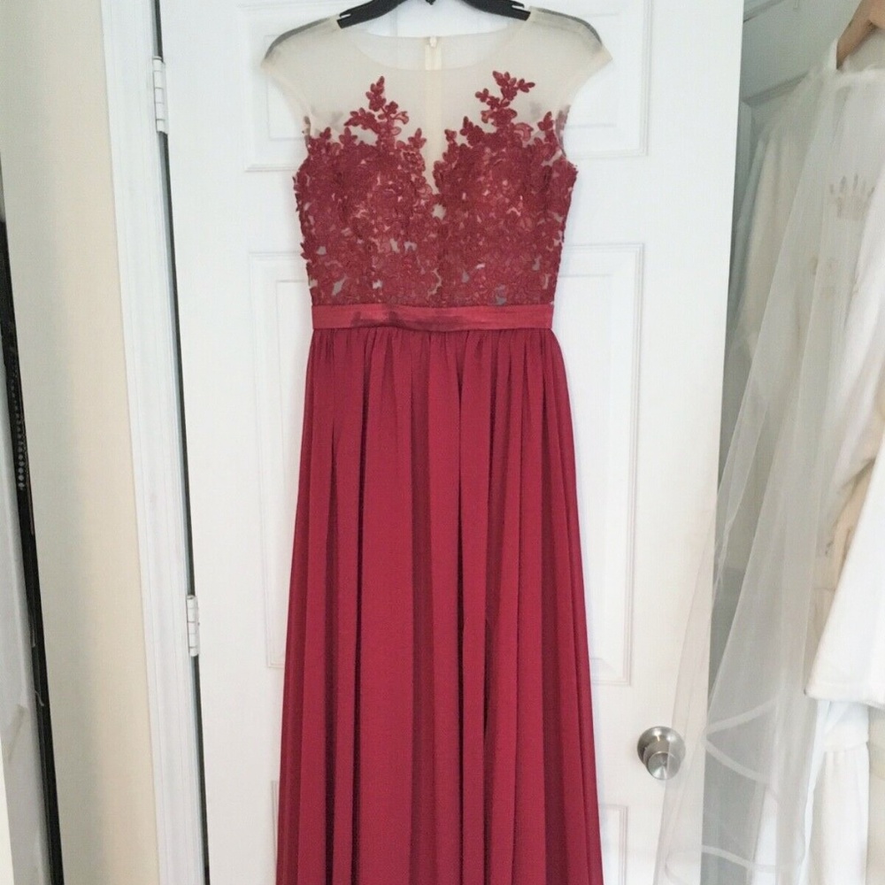 Lala Mira A-Line/Burgundy Chiffon Lace Bridesmaid